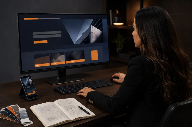 Empresária visualizando um site estratégico em diferentes dispositivos
